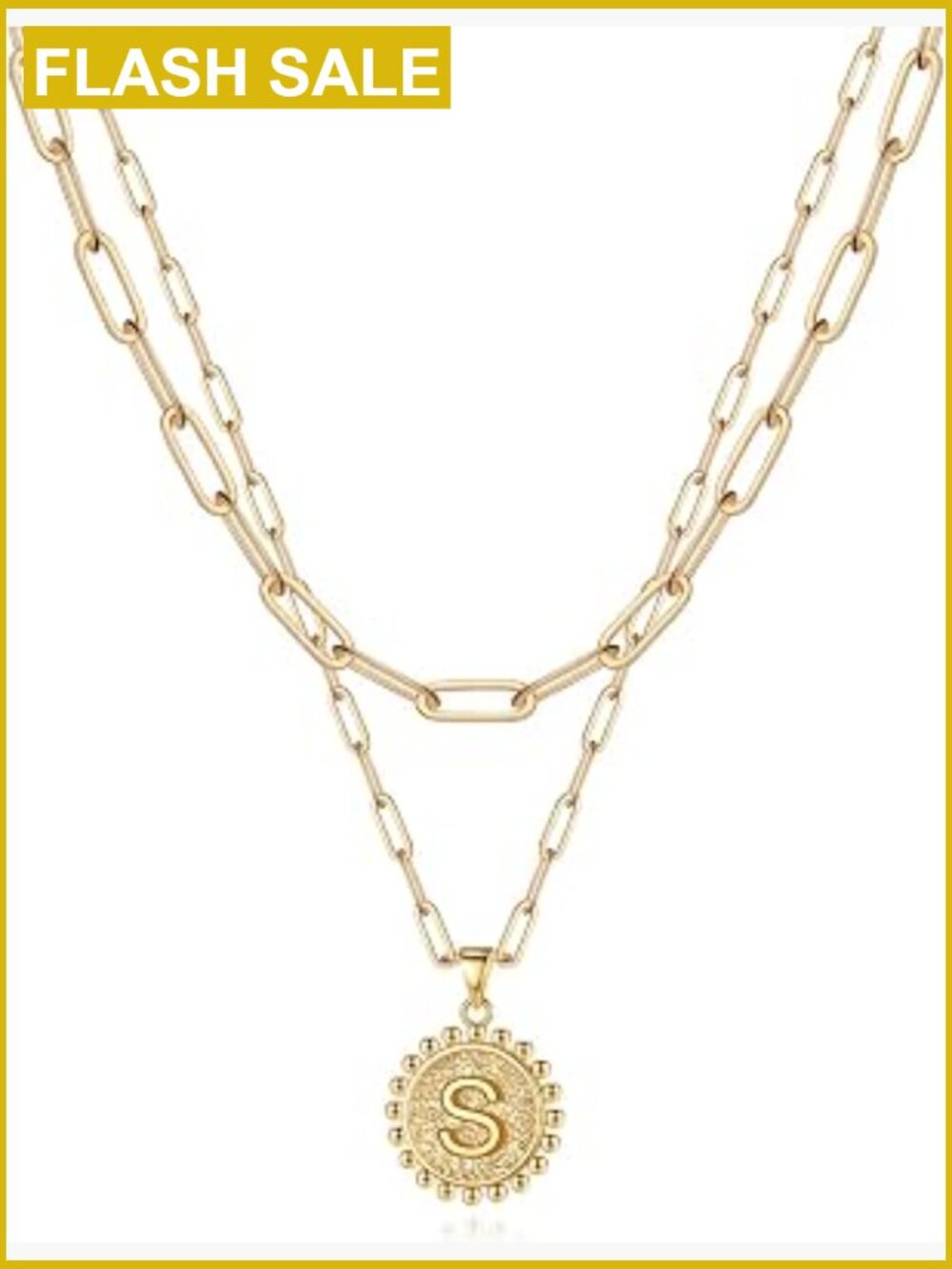 14K Gold Plated Layered Initial Necklace Dainty Paperclip Chain Coin Pendant